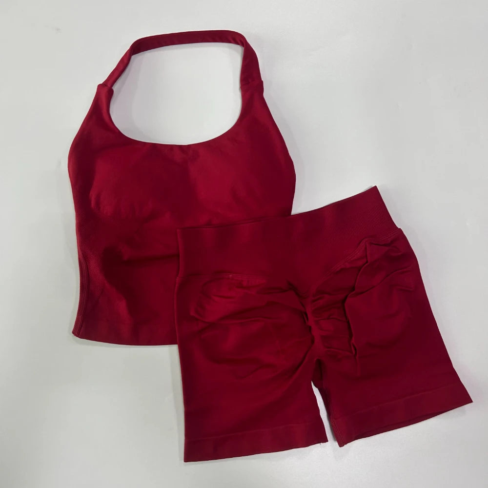 Women's 2-Piece Seamless Sports Set – Backless Tank Top & Scrunch Shorts