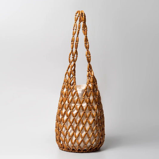 Handmade Wooden Bead Woven Tote Bag for Women – Hollow-Out Bucket Shoulder Bag