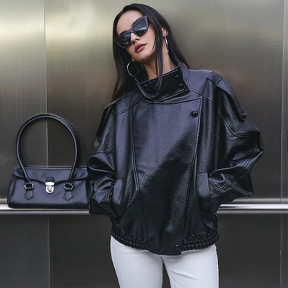 Oversized Faux Leather Bomber Jacket for Women