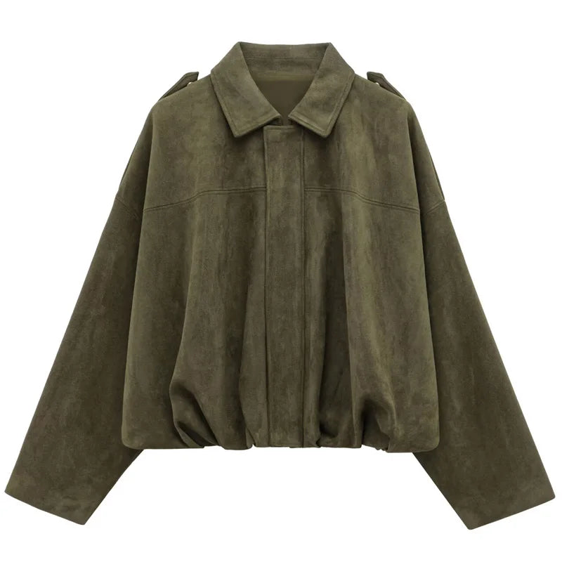 Cropped Bomber Jacket Women Suede Lapel Zip-Up Street Coat