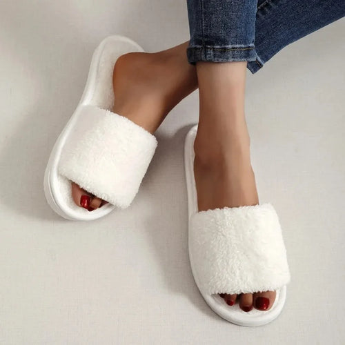 Women's Fluffy Fur Slide Slippers – Soft Plush Open-Toe Home Sandals