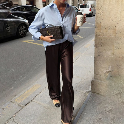 Women's Satin Wide Leg Pants – Elegant High Waist Trousers