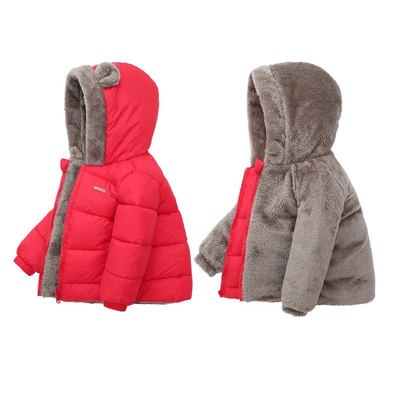 Kids Bear Ear Hooded Puffer Jacket – Fleece-Lined Winter Coat