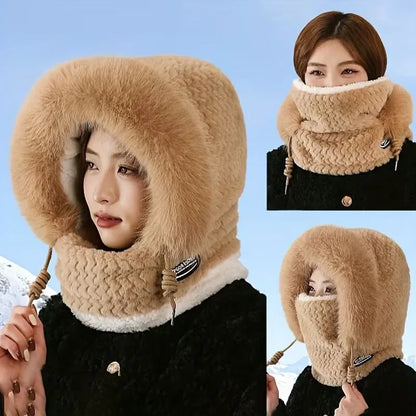 Women's Thermal Plush Hood Hat Scarf with Face Mask & Ear Protection