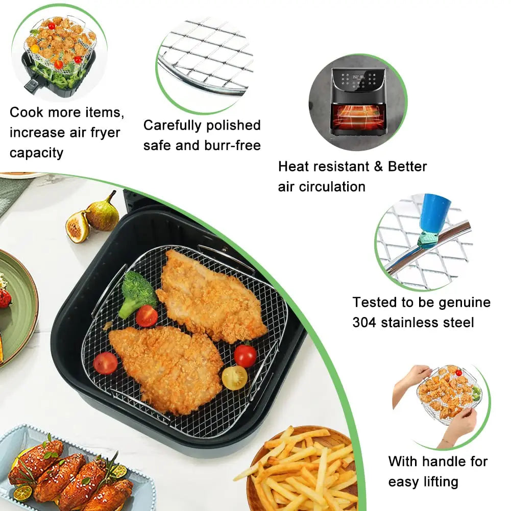 Air Fryer Rack – Stainless Steel Grill & Baking Rack with Skewers