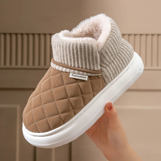 Winter Warm Fleece-Lined Cotton Slippers with Anti-Slip Thick Sole