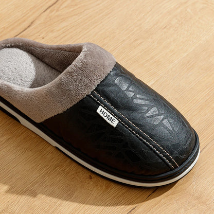 Men's Waterproof PU Leather Winter Slippers - Fur Lined Large Size 40-51