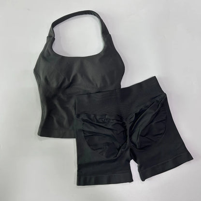 Women's 2-Piece Gym Set – Backless Halter Top & Seamless Shorts