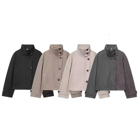Women's Loose Stand Collar Button Wool-Blend Winter Coat