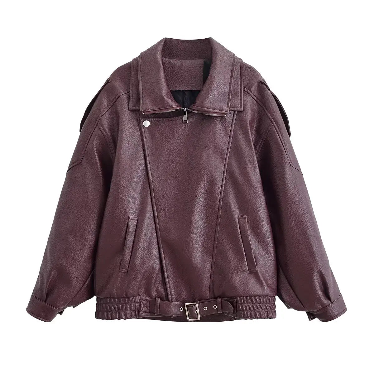 Faux Leather Moto Jacket for Women – Oversized PU Streetwear Coat