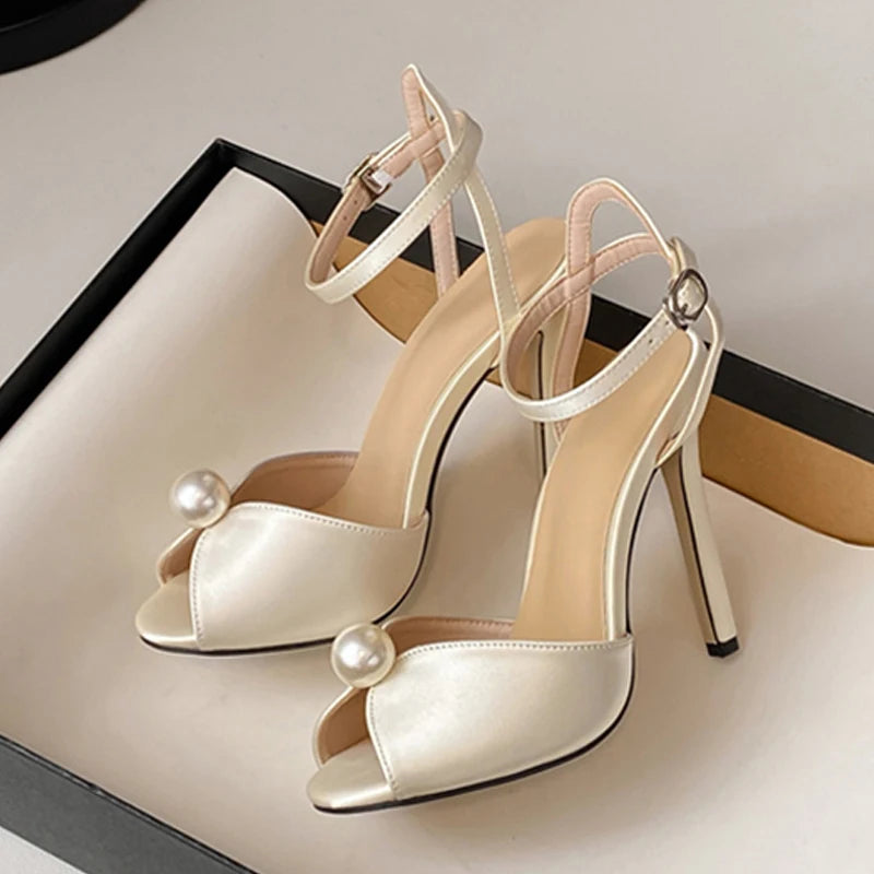 Pearl Embellished Stiletto Sandals for Women – Silk Peep Toe Heels