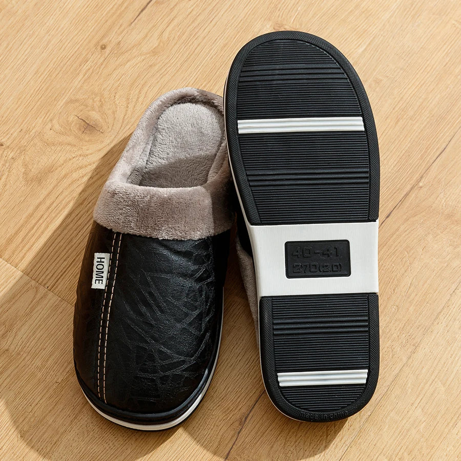 Men's Waterproof PU Leather Winter Slippers - Fur Lined Large Size 40-51