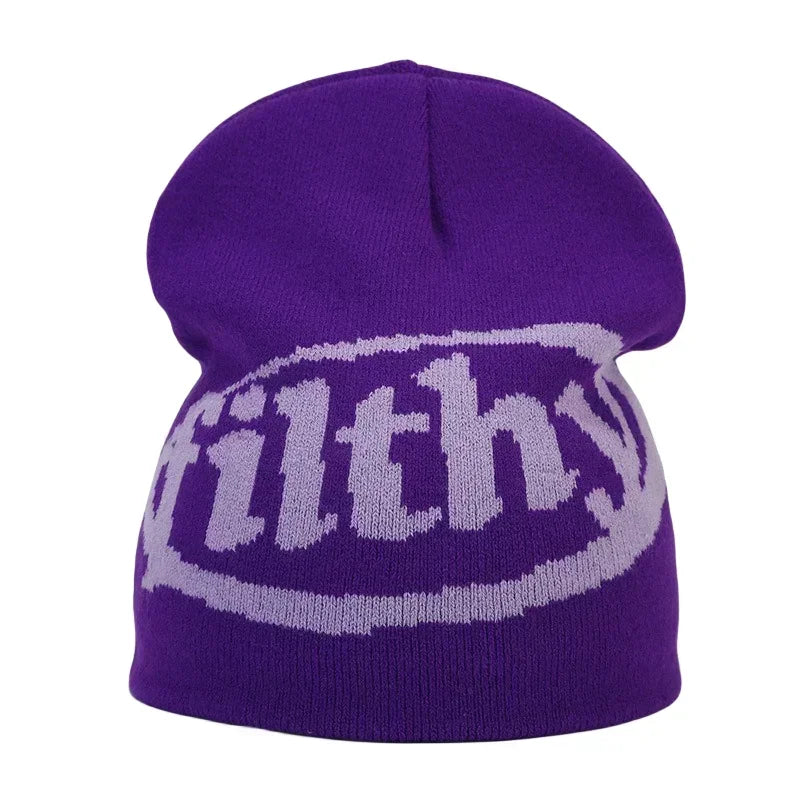 Y2K Letter Print Knit Beanie Hat – Unisex Winter Cap