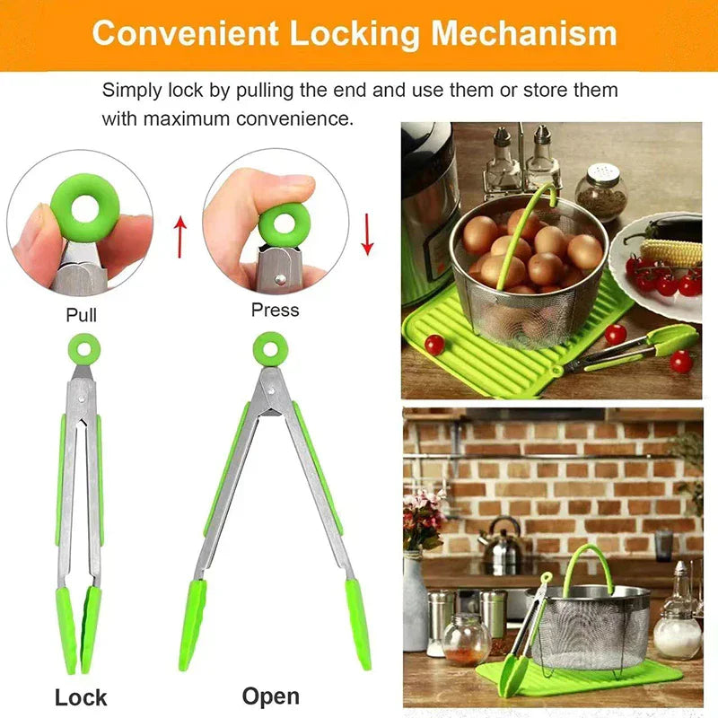 Stainless Steel Kitchen Tongs with Non-Slip Silicone Tips – Heat-Resistant BBQ & Cooking Tongs