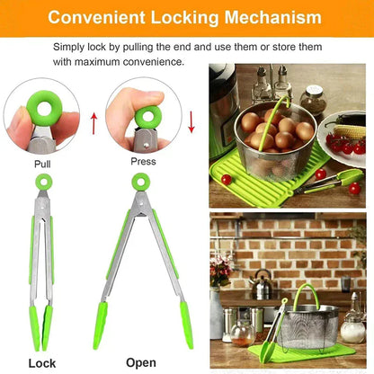 Stainless Steel Kitchen Tongs with Non-Slip Silicone Tips – Heat-Resistant BBQ & Cooking Tongs