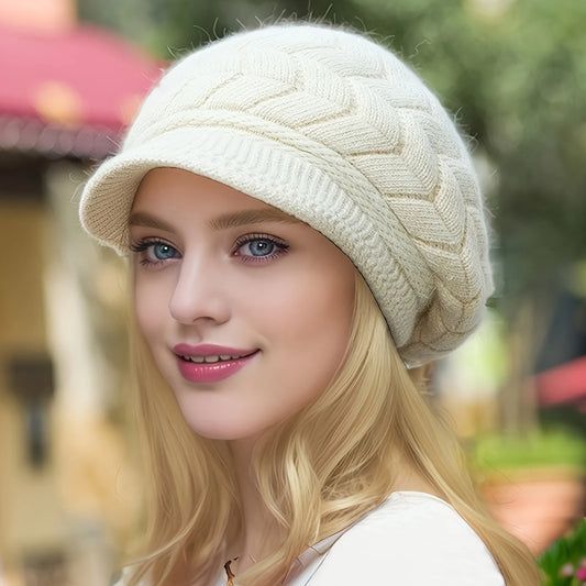 Women's Knit Winter Visor Hat – Warm Cable-Knit Brim Cap