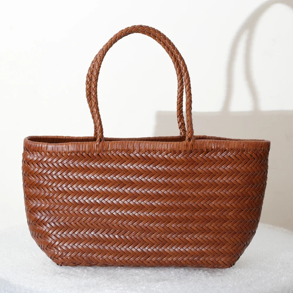 Woven Genuine Leather Tote Bag for Women – Cowhide Shoulder Bag