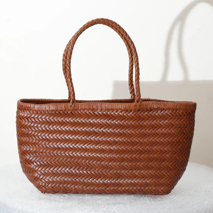Woven Genuine Leather Tote Bag for Women – Cowhide Shoulder Bag
