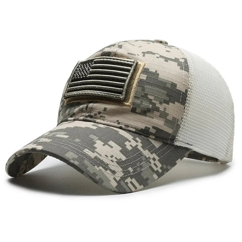 Camouflage Baseball Cap with American Flag Patch – Men's Mesh Trucker Hat