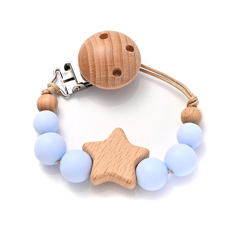 Wooden Star Pacifier Clip Chain with Silicone Teething Beads