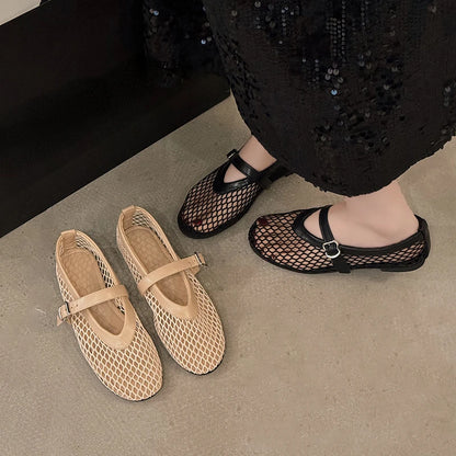 Women's Mesh Mary Jane Flats – Breathable Round Toe Buckle Casual Shoes