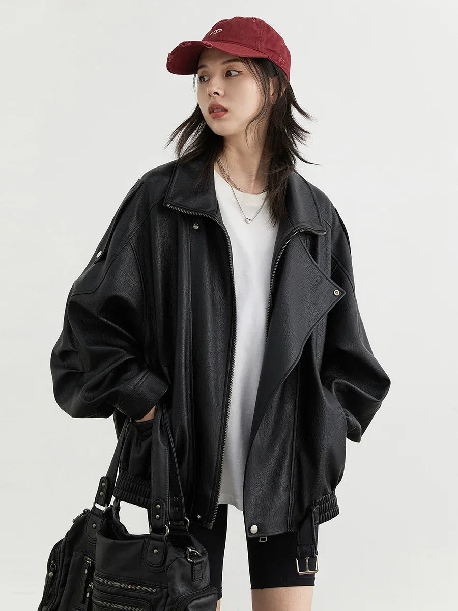 Women's Oversized Faux Leather Moto Jacket