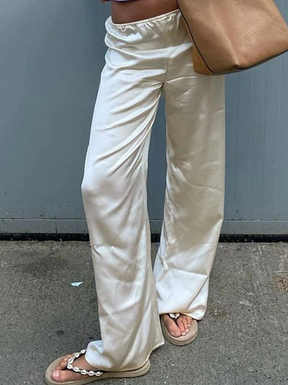 Women's Satin Wide Leg Pants – Elastic Waist Loose Fit Trousers