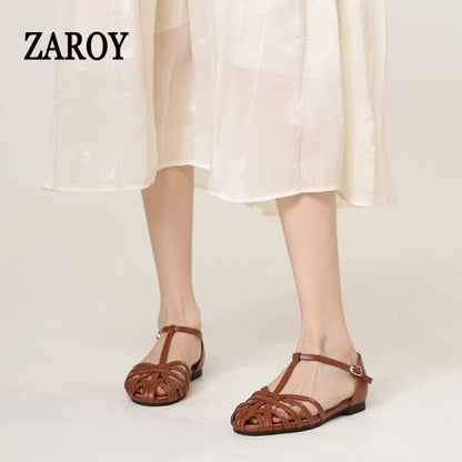 Women's Flat Roman Sandals – Woven Cross-Strap Cage Sandals with Ankle Buckle