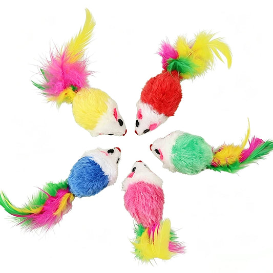 Plush Mouse Cat Toys with Colorful Feathers – Sound-Making, Interactive