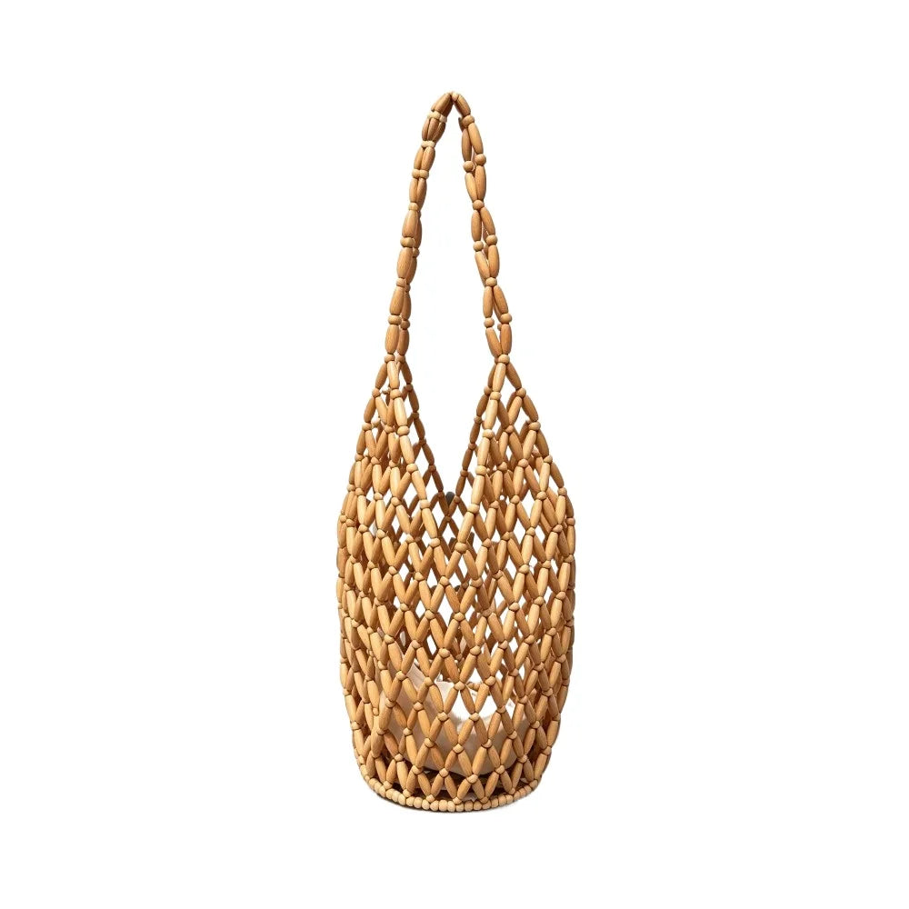 Women's Woven Tote Bag – Hollow-Out Wooden Bead Bucket Shoulder Bag