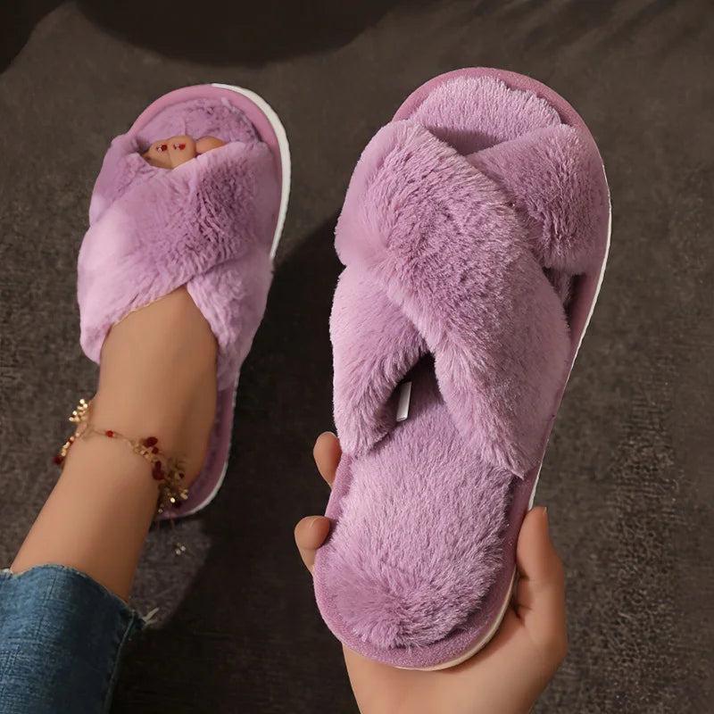 Women's Cross Strap Faux Fur Slippers – Cozy Indoor House Shoes