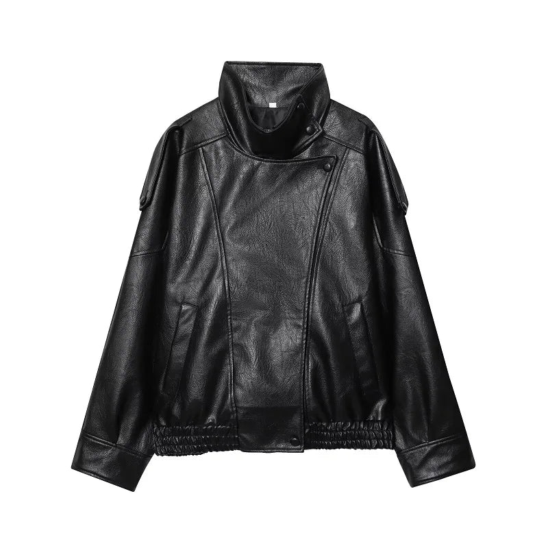 Oversized Faux Leather Bomber Jacket for Women