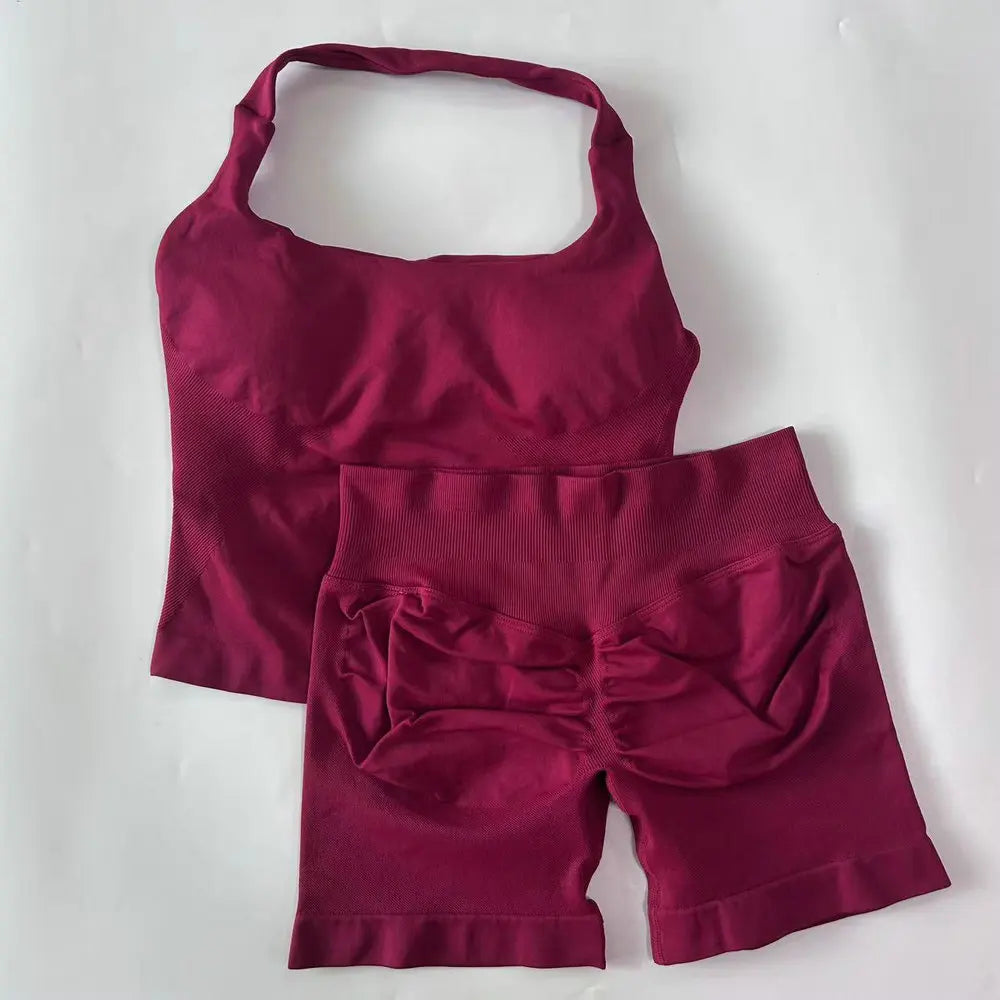 Women's 2-Piece Gym Set – Backless Halter Top & Seamless Shorts