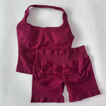 Women's 2-Piece Gym Set – Backless Halter Top & Seamless Shorts