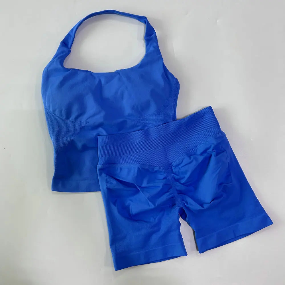 Women's 2-Piece Gym Set – Backless Halter Top & Seamless Shorts