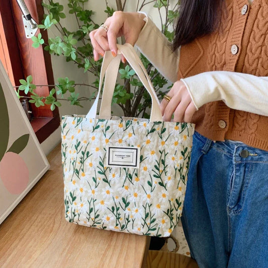 Daisy Embroidered Canvas Tote Bag | Lunch & Handbag for Women