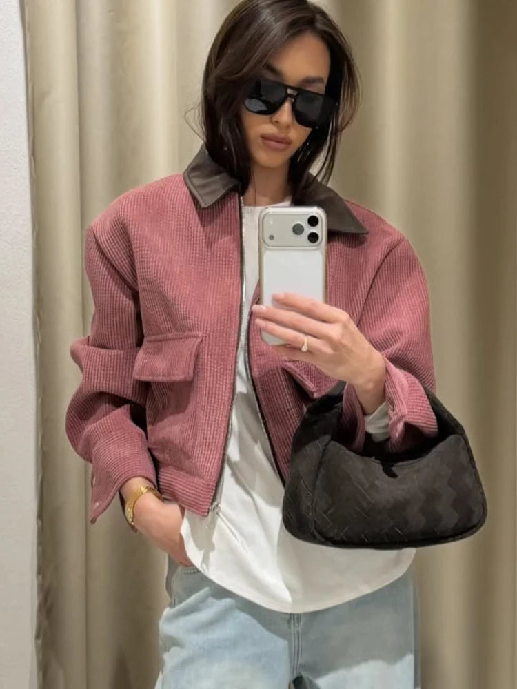 Women's Corduroy Zip-Up Jacket – Loose Fit Streetwear with Cargo Pockets
