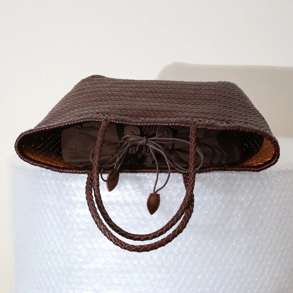 Woven Genuine Leather Tote Bag for Women – Cowhide Shoulder Bag