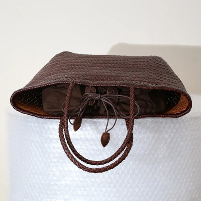 Woven Genuine Leather Tote Bag for Women – Cowhide Shoulder Bag
