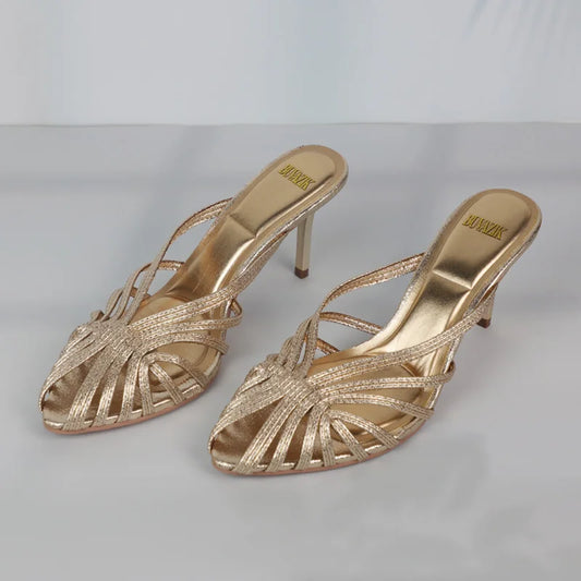 Gold Strappy Stiletto Mule Heels – Women's Pointed Toe Pumps
