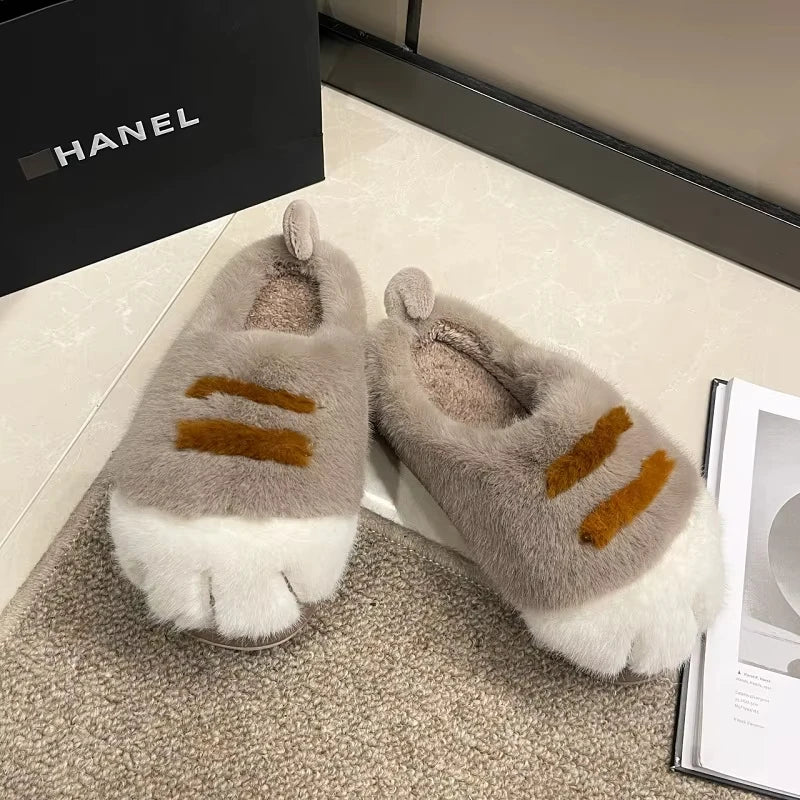 Fluffy Cat Paw Slippers for Women – Warm Non-Slip Home Shoes