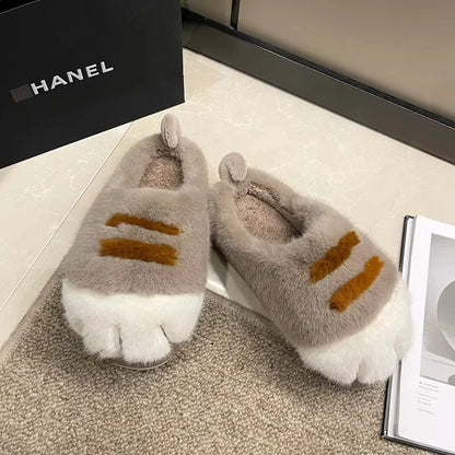 Fluffy Cat Paw Slippers for Women – Warm Non-Slip Home Shoes