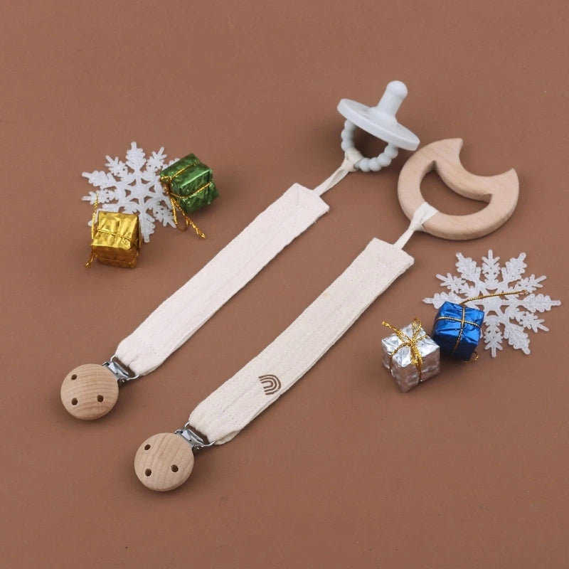 Baby Pacifier Clip with Soft Cotton Strap & Wooden Bead