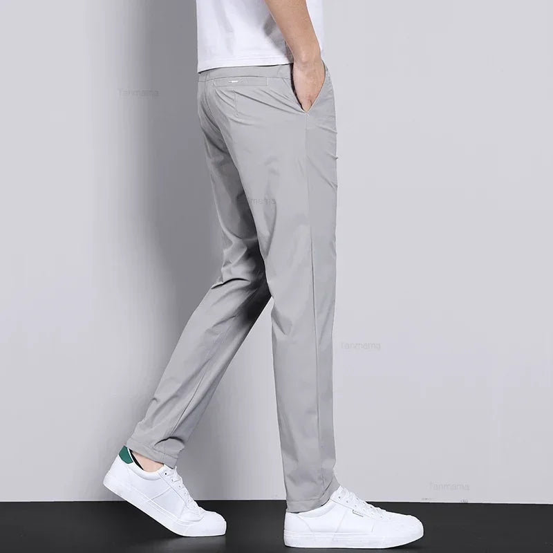 Ice Silk Slim Fit Men's Trousers – Quick-Dry Elastic Waist Pants