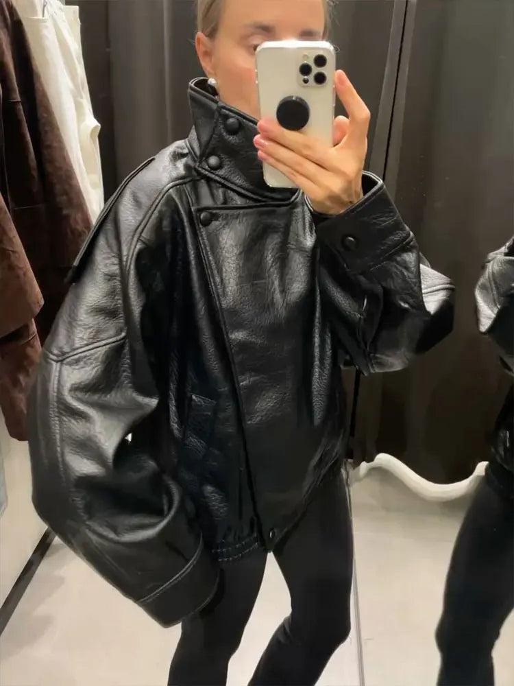 Faux Leather Moto Jacket for Women – Oversized PU Streetwear Coat