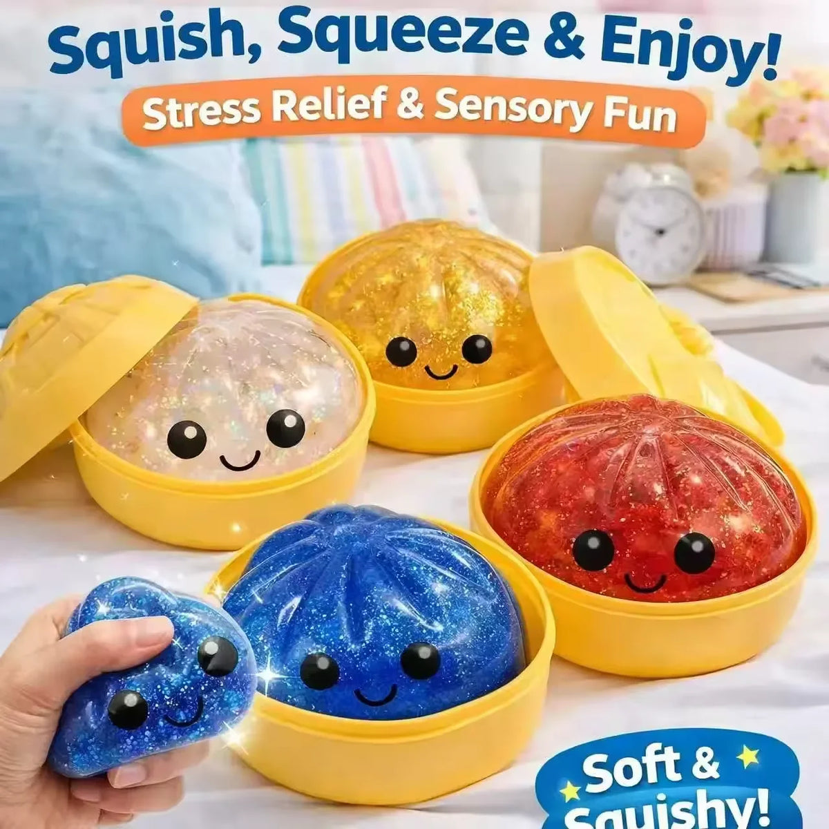 Glitter Squishy Stress Ball – Sparkle Bun Fidget Toy in Steamer Basket