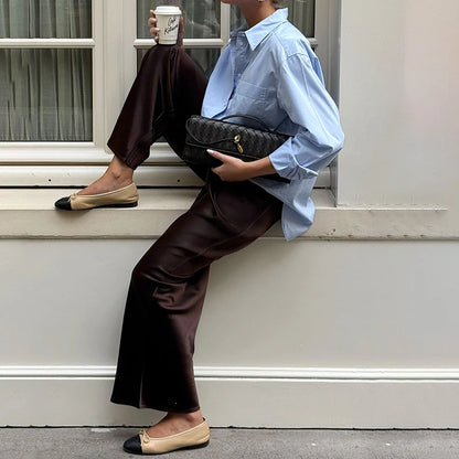 Women's Satin Wide Leg Pants – Elegant High Waist Trousers