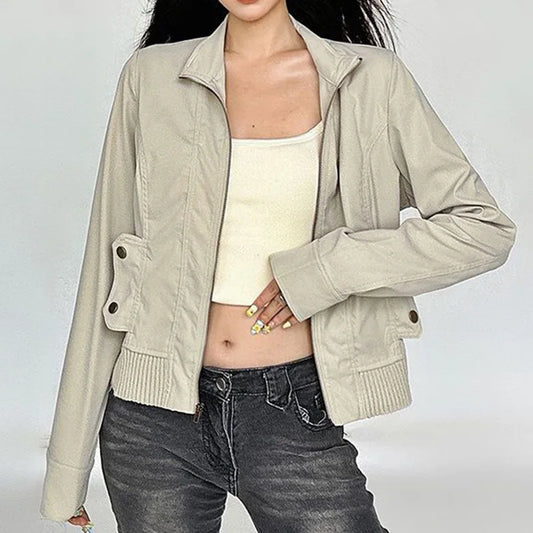 Retro Flight Jacket for Women – Zip-Up Bomber with Pockets