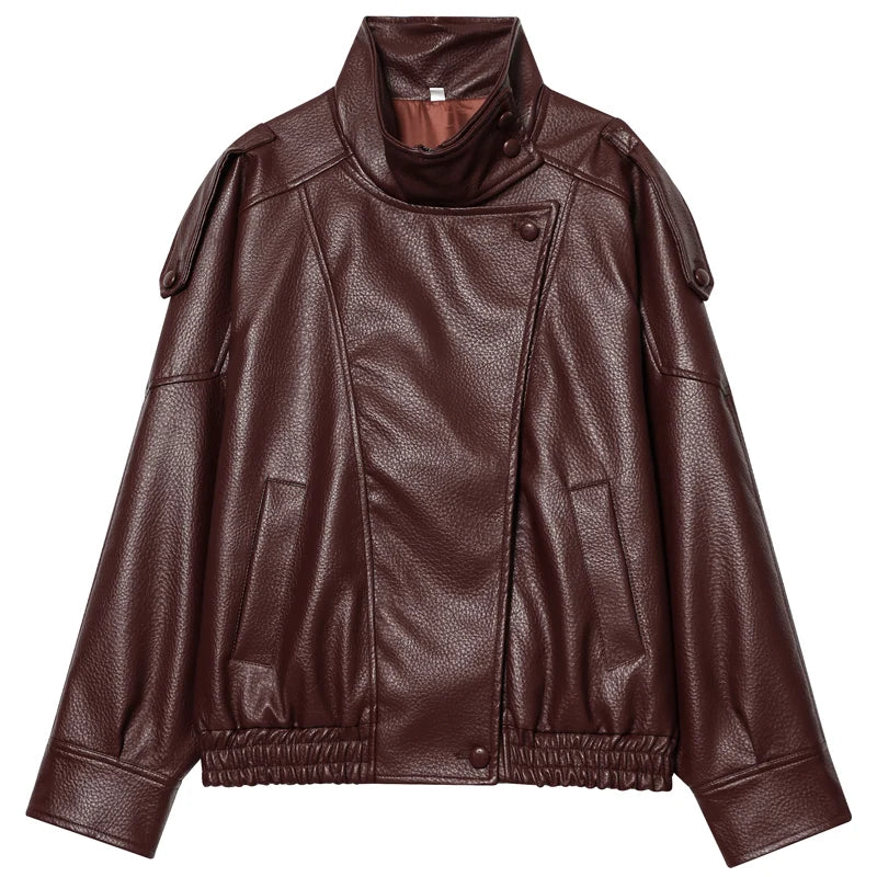 Women's Cropped Faux Leather Bomber Jacket – Oversized Zip-Up Coat