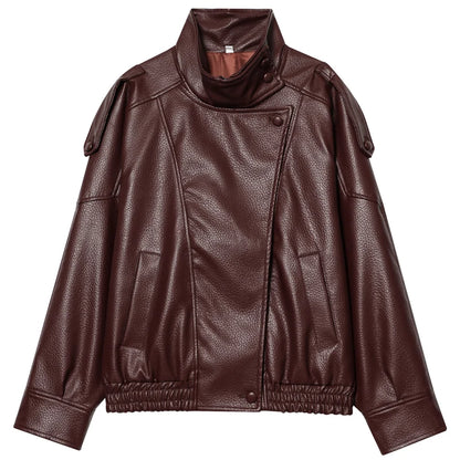 Women's Cropped Faux Leather Bomber Jacket – Oversized Zip-Up Coat